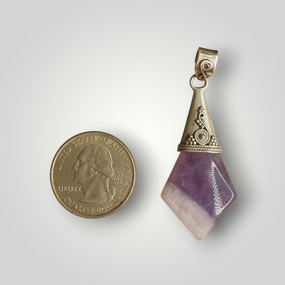 Vintage Sterling Silver 925 Amethyst Quartz Pendant Boho Artisan Purple Stone - Picture 9 of 9